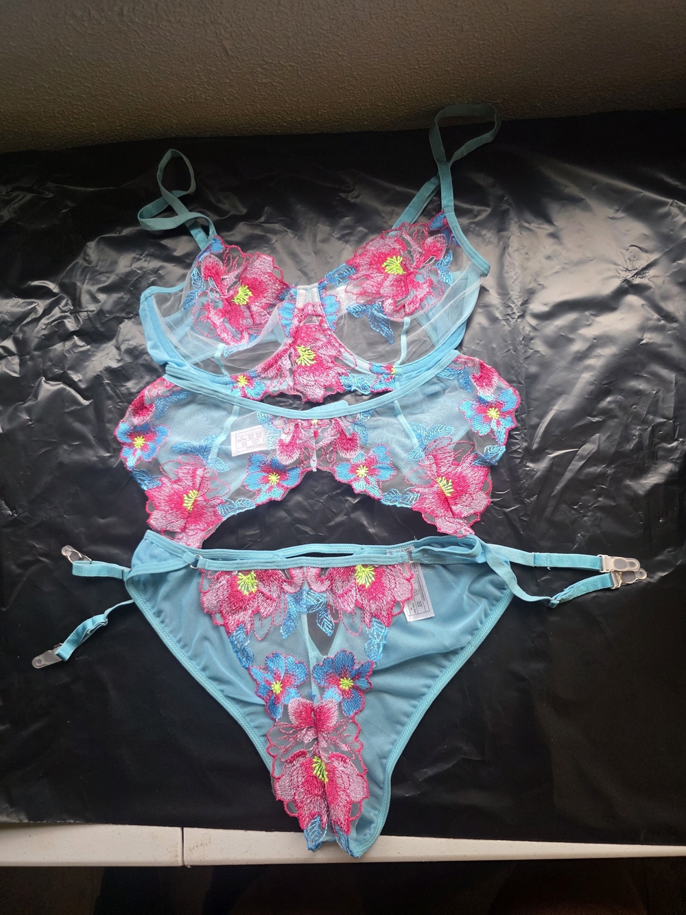 Aqua Blue Floral Embroidered Lingerie Set